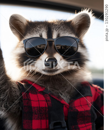 Raccoon in sunglasses, plaid shirt in sunglasses creating a quirky fashion statement 130291290