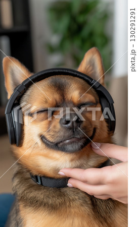 Happy dog with headphones enjoying music, ears up and smiling gently, relaxed and calm pose 130291291