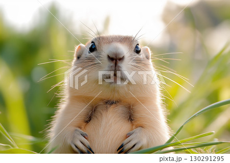 marmot portrait in natural habitat with green grass and sunlight, featuring fluffy fur and cute whiskers. marmot portrait in natural habitat with green grass and sunlight, featuring fluffy fur and cute whiskers. 130291295