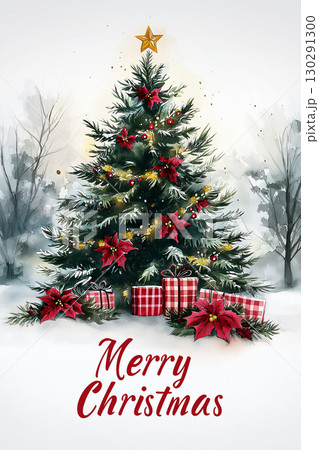 Christmas tree with festive decorations, winter snow, gifts, and poinsettia on a holiday scene 130291300