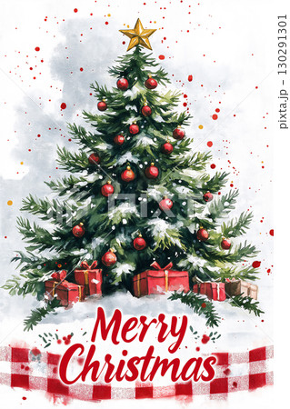 Celebrate with a festive Christmas tree, gifts, and ornaments in a winter holiday scene Celebrate with a festive Christmas tree, gifts, and ornaments in a winter holiday scene 130291301