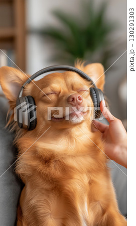 Chihuahua dog wearing headphones listening to music, relaxing on sofa with a serene smile 130291303
