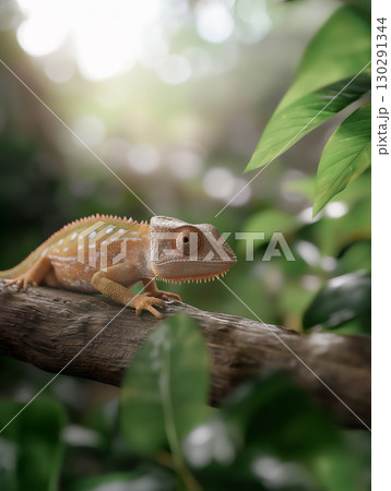 Chameleon reptile on a branch with green nature and wildlife in a closeup view 130291344