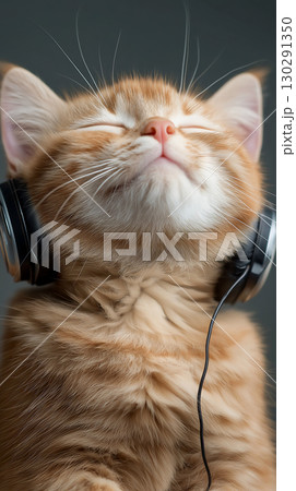 Adorable tabby kitten wearing headphones and enjoying music, ginger and cute feline portrait 130291350