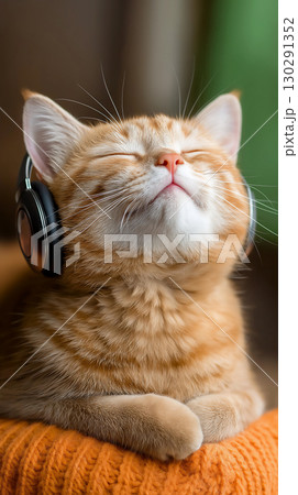 Ginger kitten with headphones enjoying music in relaxation, serene and fluffy adorable pet 130291352