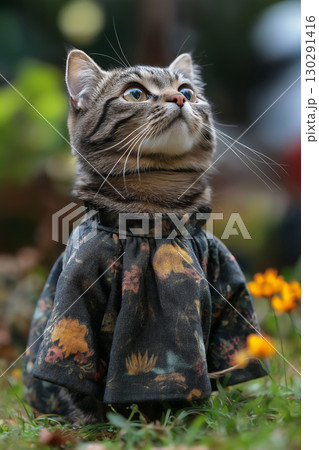 Adorable Scottish Fold cat with striped fur and whiskers posing outdoors in a cute floral dress 130291416