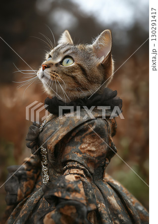 Elegant tabby cat portrait in dress, outdoor fashion pet photography with unique style Elegant tabby cat portrait in dress, outdoor fashion pet photography with unique style 130291417