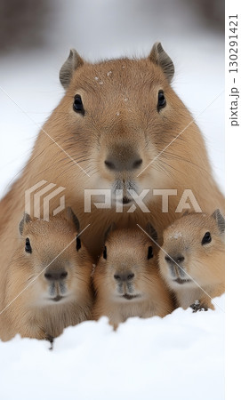 Capybara family in the snow enjoying winter together in the natural habitat outdoors. Capybara family in the snow enjoying winter together in the natural habitat outdoors. 130291421