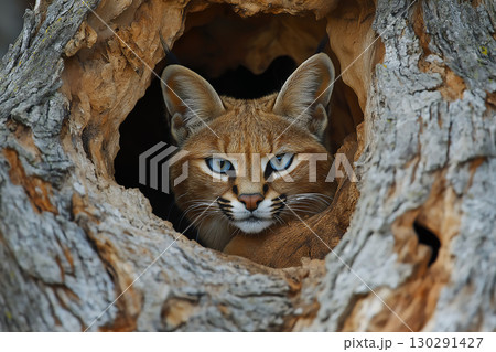 Caracal lynx wildcat with piercing eyes in a hollow tree, perfect for nature and wildlife imagery 130291427