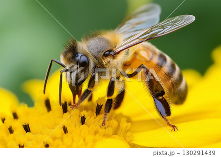 Macro shot of a bee collecting nectar on a yellow flower with detailed wings and striped body 130291439