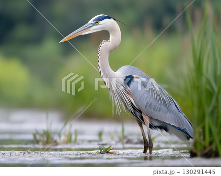 Heron bird in nature: wildlife in water with feathers, pond, beak, and wings in a wetland. Heron bird in nature: wildlife in water with feathers, pond, beak, and wings in a wetland. 130291445