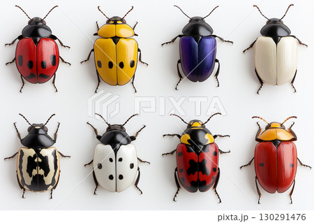 Colorful beetle collection featuring yellow, red, black patterns in vibrant insect arrangement Colorful beetle collection featuring yellow, red, black patterns in vibrant insect arrangement 130291476
