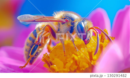 Bee collecting honey on a vibrant flower during pollination in a colorful garden setting 130291482