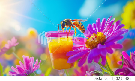 Bee on Flower: Nature's Colorful Summer Wildlife and Vibrant Insect Closeup Bee on Flower: Nature's Colorful Summer Wildlife and Vibrant Insect Closeup 130291486