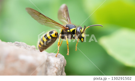 Wasp insect in nature with yellow and black stripes, macro wildlife closeup outdoor winged shot 130291502