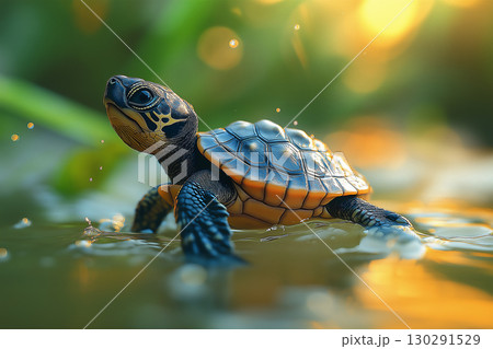 Turtle basking in sunset light with reflections in water, nature and wildlife at sunset 130291529