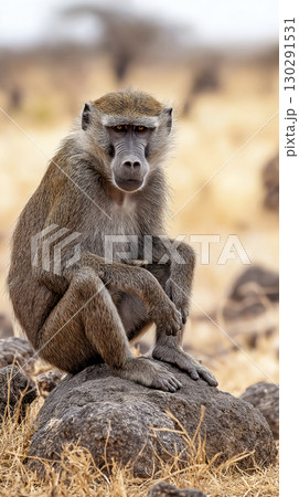 Baboon primate sitting on rocks in the African wild savannah landscape portrait 130291531