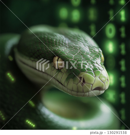 Closeup of snake with scales, green serpent in nature, featuring reptile, python, venomous eyes 130291538