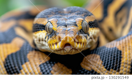 Close-up of a snake with striking scales and pattern, featuring yellow and black colors in nature Close-up of a snake with striking scales and pattern, featuring yellow and black colors in nature 130291549