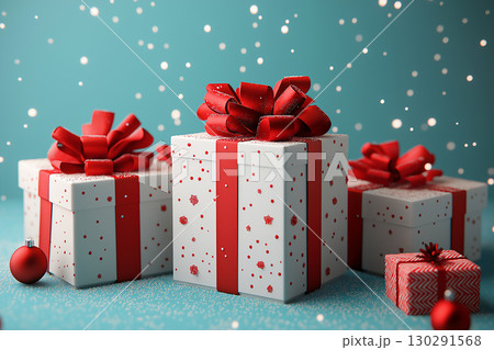 Gifts and Christmas presents wrapped in red ribbons for a festive holiday celebration Gifts and Christmas presents wrapped in red ribbons for a festive holiday celebration 130291568