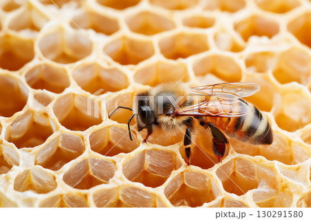 Honeybee on honeycomb in a beehive showing nature and pollination with insect wings 130291580