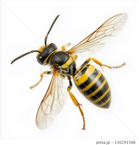 Flying wasp insect with yellow and black stripes, wings in nature buzzing wild environment Flying wasp insect with yellow and black stripes, wings in nature buzzing wild environment 130291586