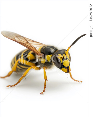 Macro closeup of a wasp insect with yellow and black stripes showcasing its wings, antenna, and eyes Macro closeup of a wasp insect with yellow and black stripes showcasing its wings, antenna, and eyes 130291612