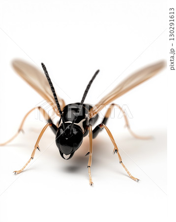 Closeup of a black wasp with wings, antenna, and details in a macro wildlife photograph 130291613