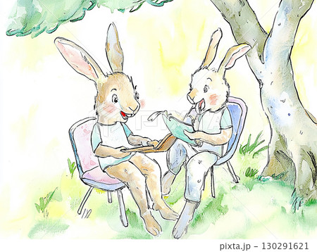Illustration of Bunnies Reading Outdoors Under a Tree in a Cartoon Style 130291621