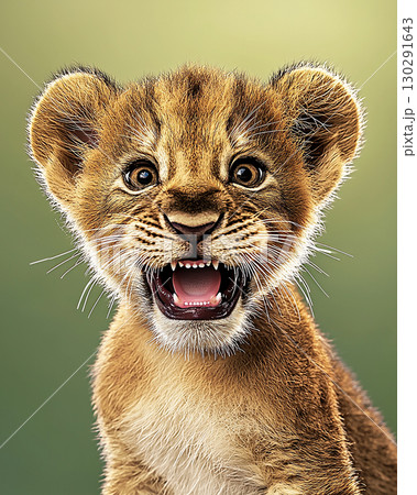 Lion cub portrait in nature showing wildlife and animal features like mammal characteristics. 130291643