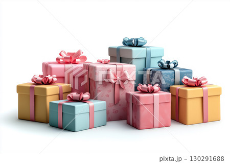 Gift boxes with ribbons, perfect for a colorful celebration and surprise present arrangement Gift boxes with ribbons, perfect for a colorful celebration and surprise present arrangement 130291688