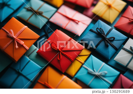 Colorful gifts with vibrant packaging, ribbons, and presents in an artistic arrangement 130291689