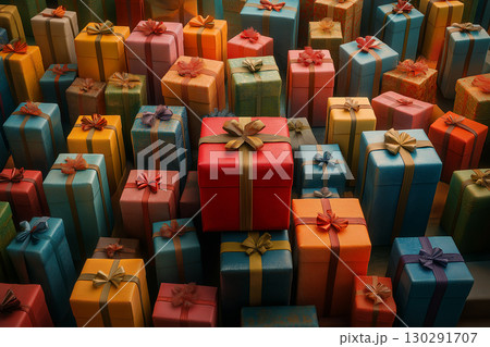 Colorful gift boxes wrapped with ribbon for birthday celebration and holiday surprise 130291707