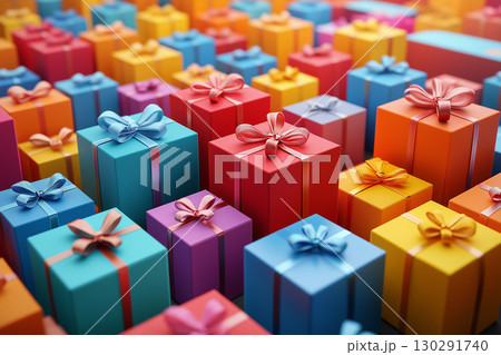 Colorful gifts and presents with ribbons and boxes for festive celebration and surprise decor 130291740
