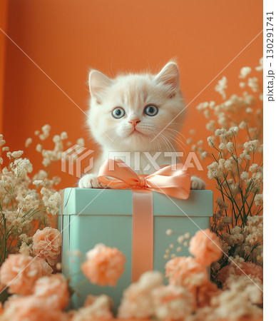 Cute Scottish Fold kitten in a gift box surrounded by orange flowers and a ribbon bouquet. 130291741