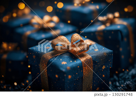 Beautiful gift box with ribbon, perfect present, blue wrapping, glitter decoration, holiday theme 130291748