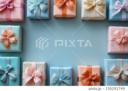 Colorful gifts with ribbons in a neat arrangement, perfect for holiday celebrations and birthdays Colorful gifts with ribbons in a neat arrangement, perfect for holiday celebrations and birthdays 130291749