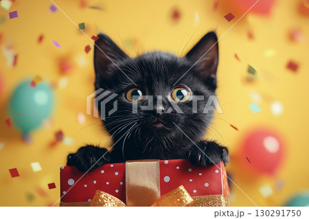 Adorable kitten playing with a gift box and confetti for birthday celebration Adorable kitten playing with a gift box and confetti for birthday celebration 130291750