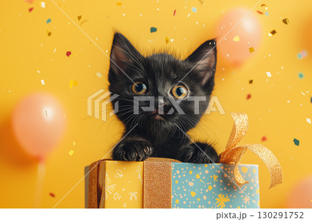 Adorable British Shorthair kitten in a gift box with balloons and confetti for a birthday celebration Adorable British Shorthair kitten in a gift box with balloons and confetti for a birthday celebration 130291752