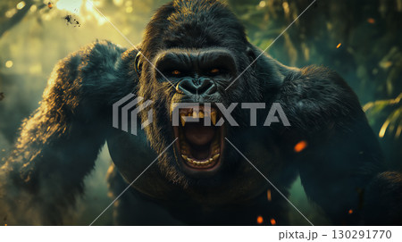 Powerful gorilla roaring in the jungle, showcasing wildlife and nature's fierce beauty 130291770