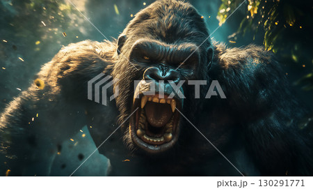 Ferocious gorilla roaring in a wild jungle, showcasing nature's primal strength and majesty Ferocious gorilla roaring in a wild jungle, showcasing nature's primal strength and majesty 130291771
