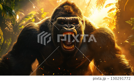 Fierce Gorilla Roaring in Wild Jungle at Sunset, Powerful Primate in Natural Habitat Fierce Gorilla Roaring in Wild Jungle at Sunset, Powerful Primate in Natural Habitat 130291772