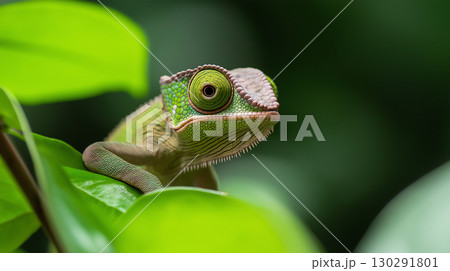Chameleon lizard displaying green camouflage in nature with striking eyes 130291801