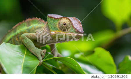 Chameleon reptile with colorful scales in jungle habitat, showcasing nature's vibrant wildlife 130291802
