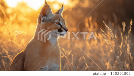 Caracal wild cat at sunset in nature, majestic silhouette in grassland 130291803