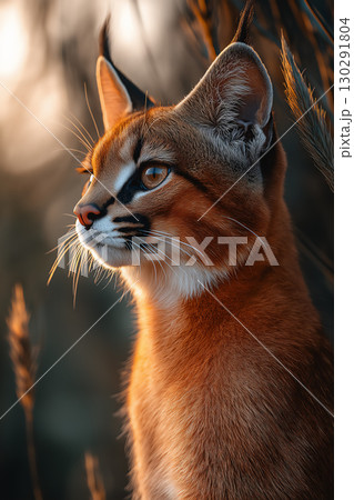 Caracal feline portrait with majestic fur and ears in a beautiful natural habitat 130291804