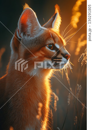 Majestic caracal feline wildlife portrait at sunset capturing nature's beauty 130291805