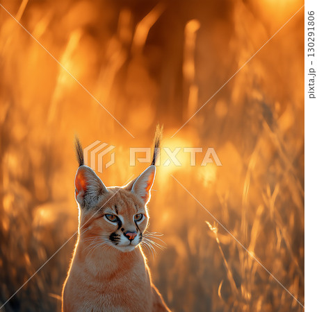 Caracal with striking ears and whiskers in golden light, a graceful and adorable feline portrait 130291806