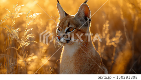Caracal feline wildcat at sunset in the savannah with majestic golden ears and fur 130291808