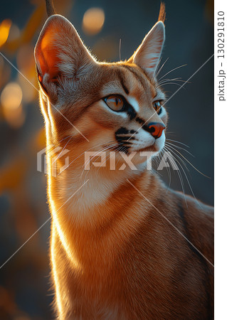 Caracal cat with striking ears and fur basking in sunlight, closeup wildlife portrait 130291810